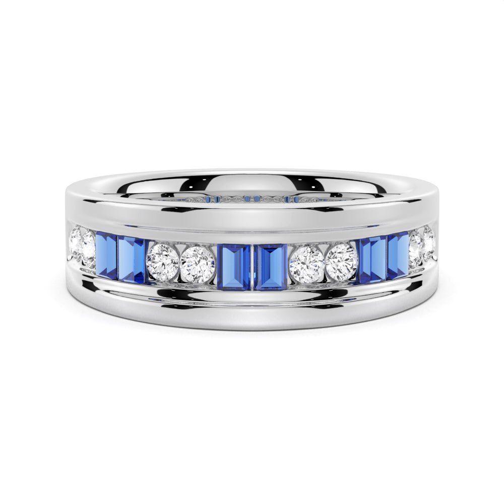 7.5mm Sapphire and Moissanite Men's Wedding Band - TAYLOR KOM_925 Sterling Silver