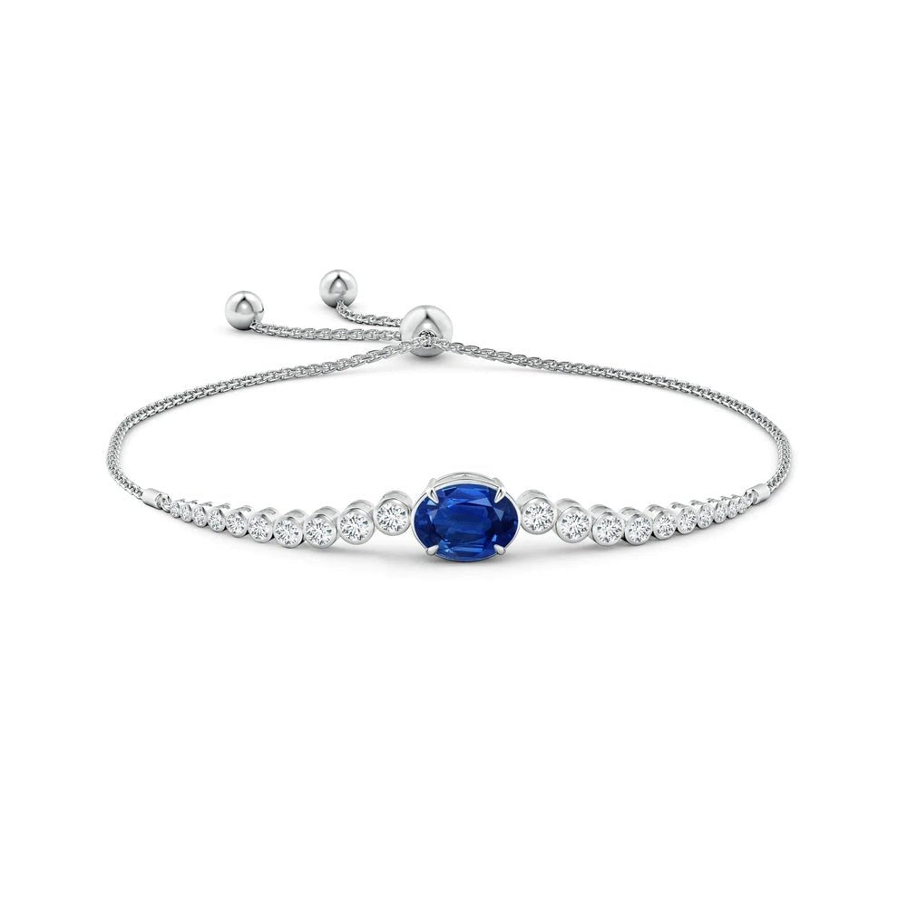 Adjustable Oval Blue Sapphire Bolo Bracelet with Bezel White Sapphire - TAYLOR KOM_