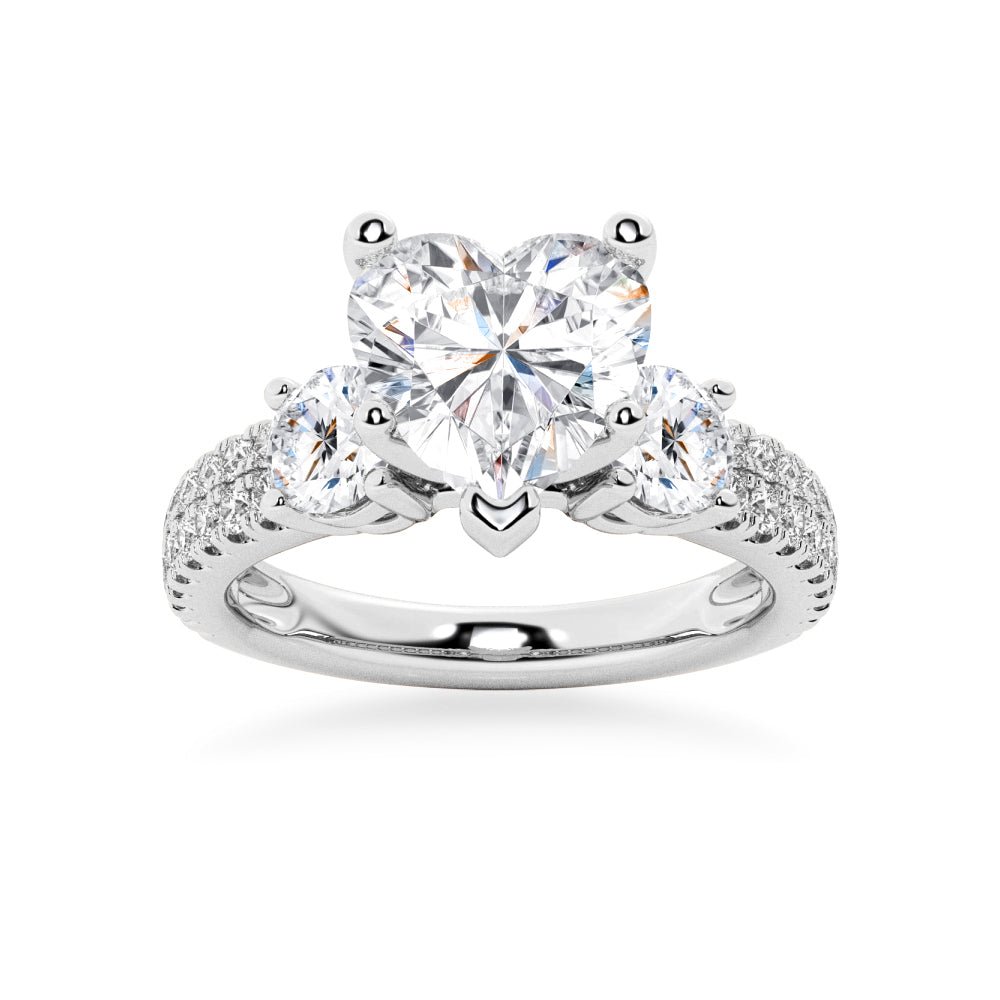 Double Row Pave Three Stone Heart Moissanite Engagement Ring - TAYLOR KOM_925 Sterling Silver