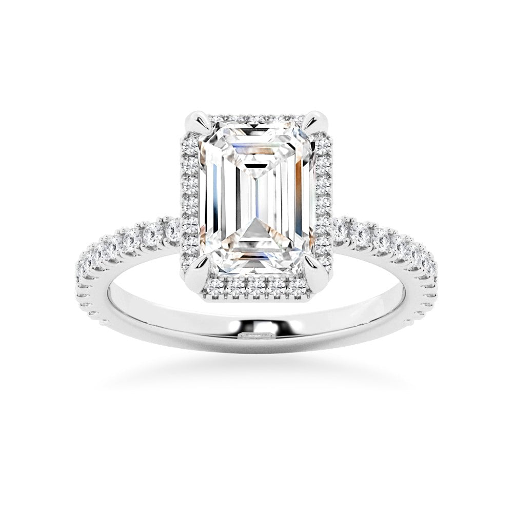 Half Eternity Emerald Cut Moissanite Halo Engagement Ring - TAYLOR KOM_925 Sterling Silver