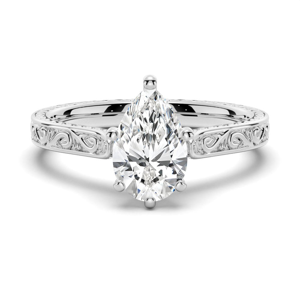 Pear Shaped Moissanite Engagement Ring With Milgrain Edges - TAYLOR KOM_925 Sterling Silver