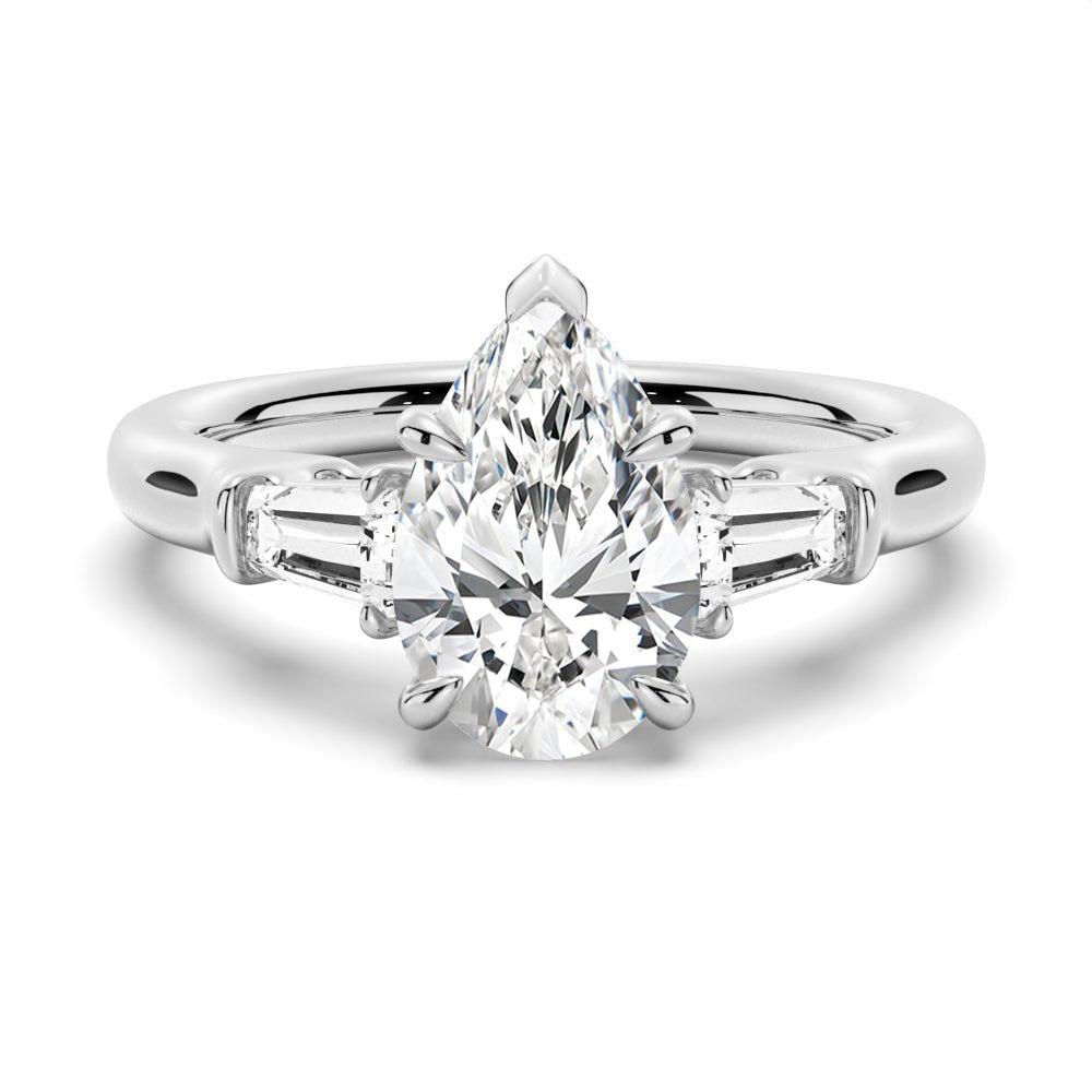 Pear - Shaped Moissanite Engagement Ring with Tapered Baguette Side Stones - TAYLOR KOM_925 Sterling Silver