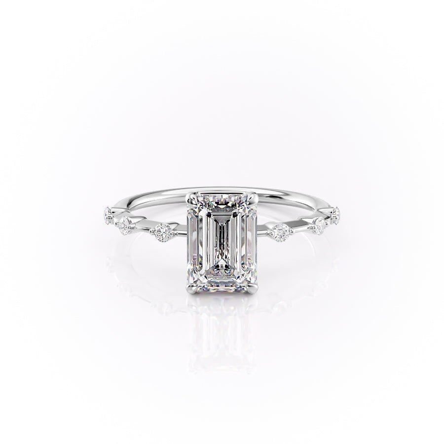 Petite Emerald Cut Moissanite Engagement Ring with Hidden Halo - TAYLOR KOM_925 Sterling Silver