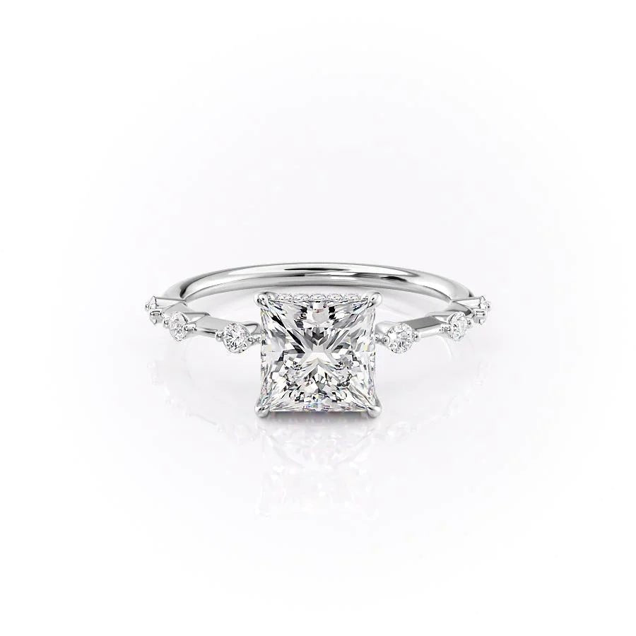 Petite Princess Cut Moissanite Engagement Ring with Hidden Halo - TAYLOR KOM_925 Sterling Silver