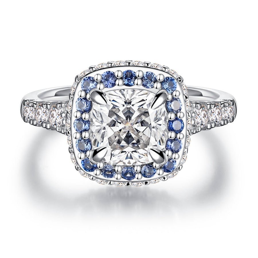 Sapphire Halo Cushion Cut Moissanite Engagement Ring - 2 CT. - TAYLOR KOM_925 Sterling Silver
