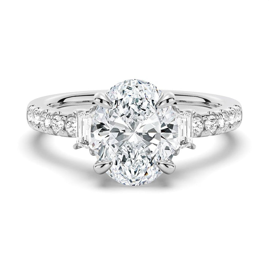 Three Stone Oval Half Moon Moissanite Engagement Ring with Pavé Band - TAYLOR KOM_925 Sterling Silver