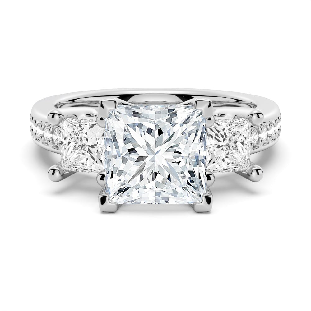 Three Stone Princess Shaped Pavé Moissanite Engagement Ring - TAYLOR KOM_925 Sterling Silver
