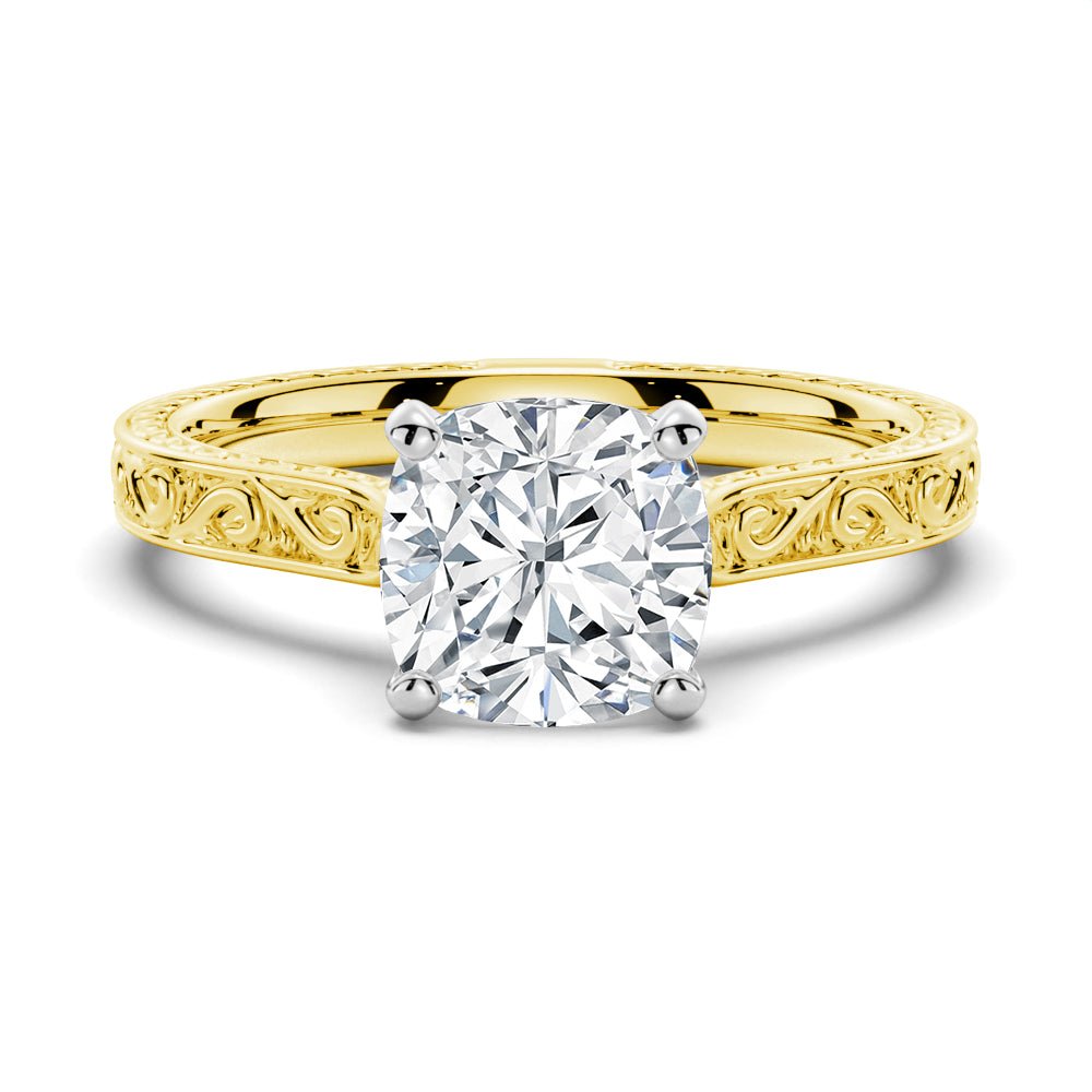 Vintage Two - Tone Cushion Moissanite Engagement Ring With Milgrain Edges - 2CT. - TAYLOR KOM_925 Sterling Silver