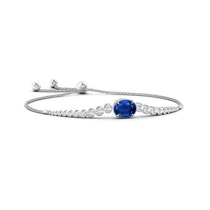 Adjustable Oval Blue Sapphire Bolo Bracelet with Bezel White Sapphire