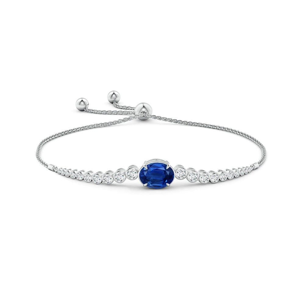 Adjustable Oval Blue Sapphire Bolo Bracelet with Bezel White Sapphire