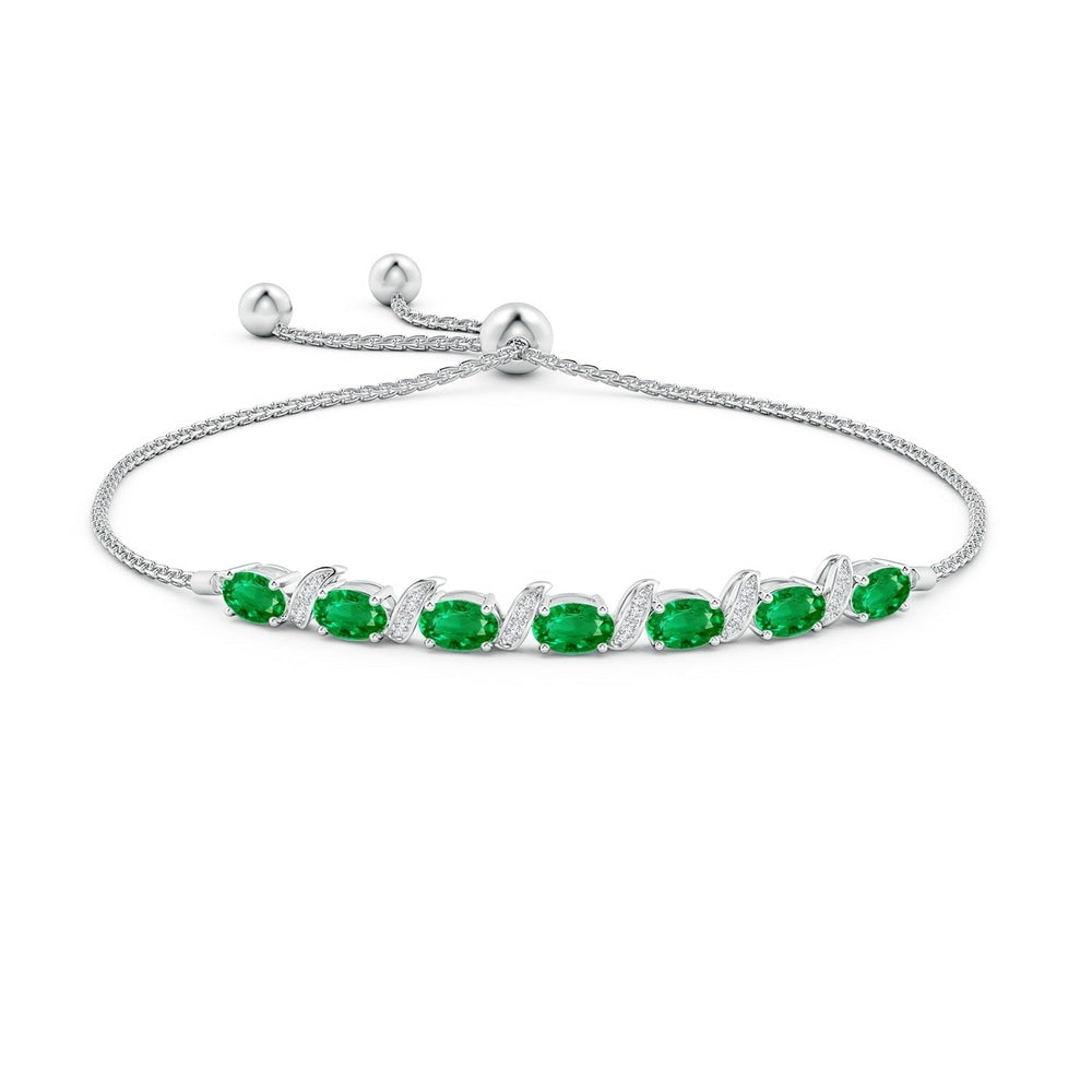 Adjustable Oval Emerald Bolo Bracelet with Pavé-Set White Sapphire