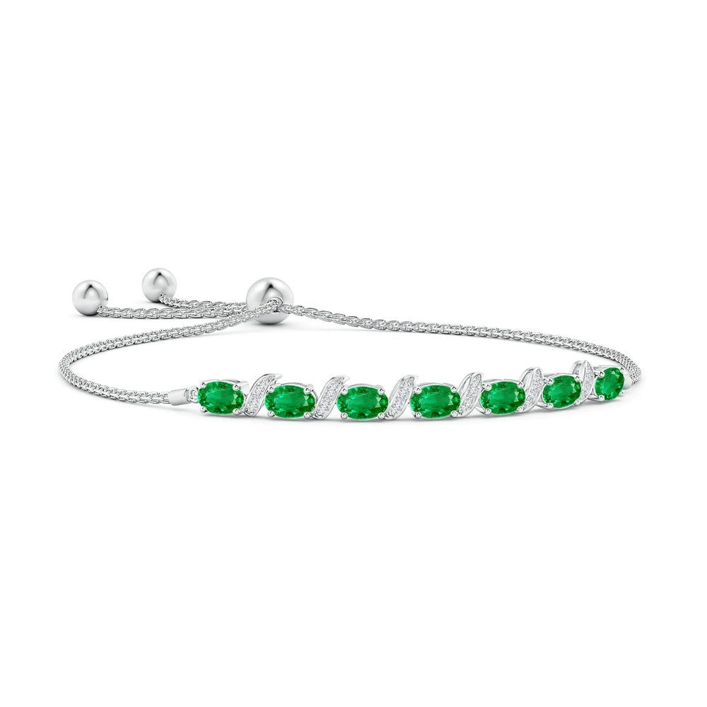 Adjustable Oval Emerald Bolo Bracelet with Pavé-Set White Sapphire