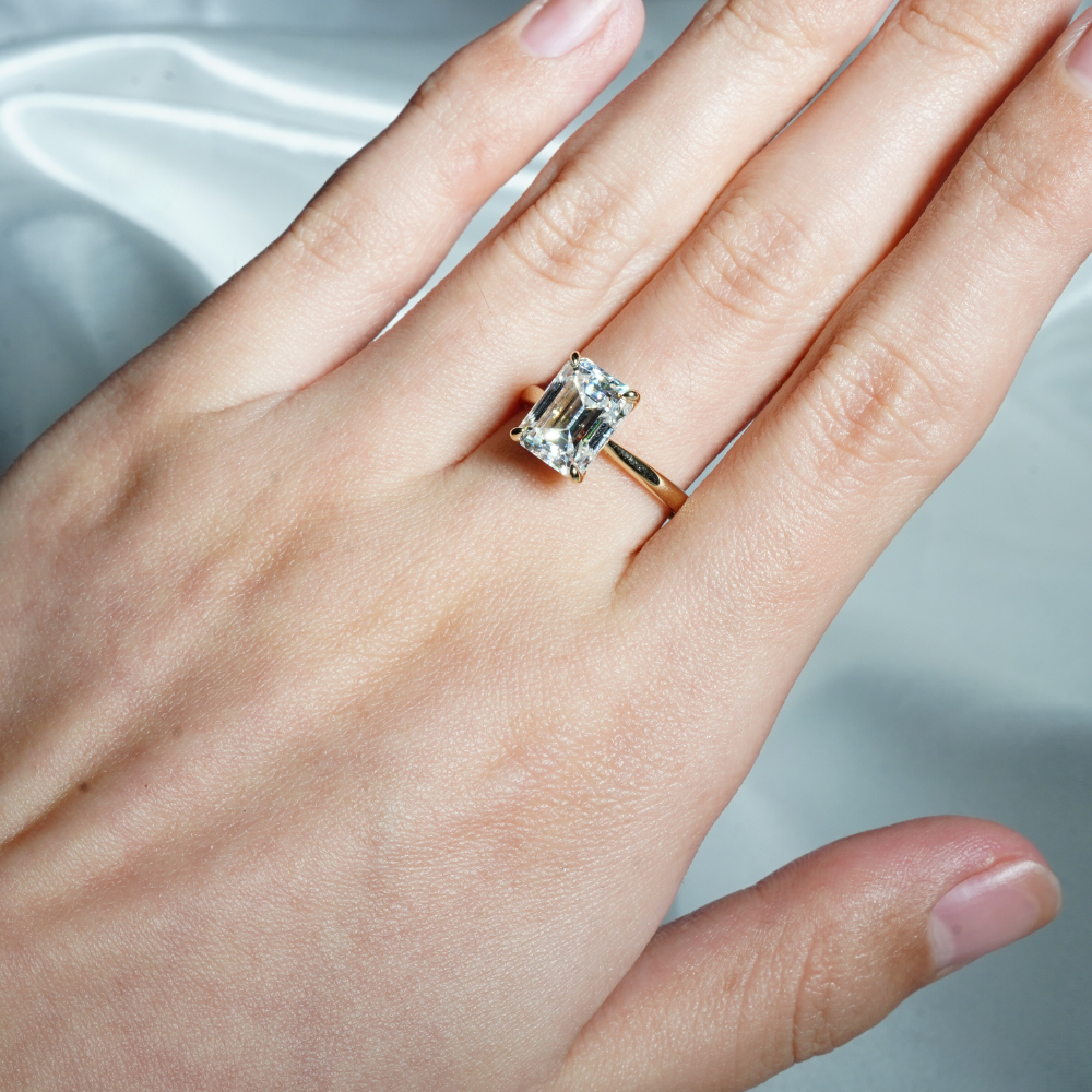 Classic Emerald Cut Moissanite Engagement Ring With Hidden Halo