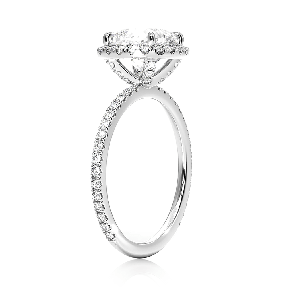 Cushion Cut Four Prong Engagement Ring With Hidden Halo