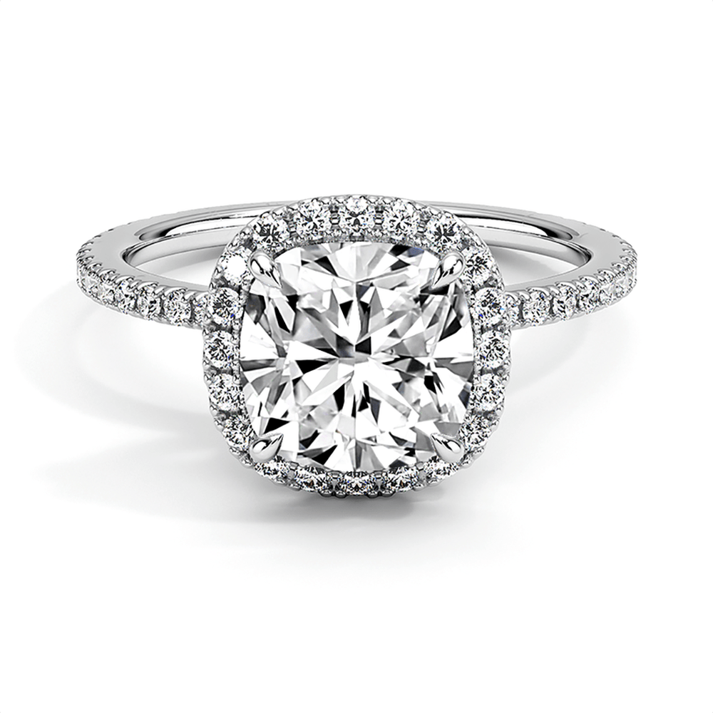 Cushion Cut Four Prong Engagement Ring With Hidden Halo