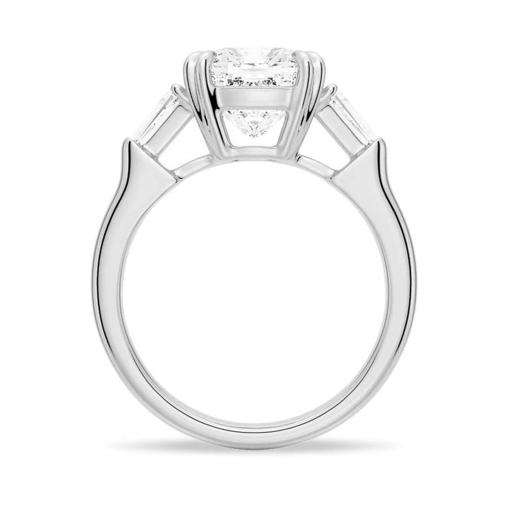 Cushion Cut Lab Grown Diamond Engagement Ring with Tapered Baguette Side Stones