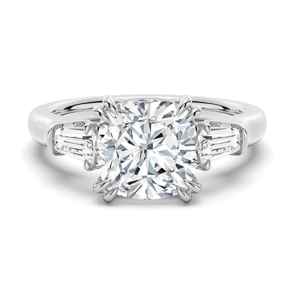 Cushion Cut Lab Grown Diamond Engagement Ring with Tapered Baguette Side Stones