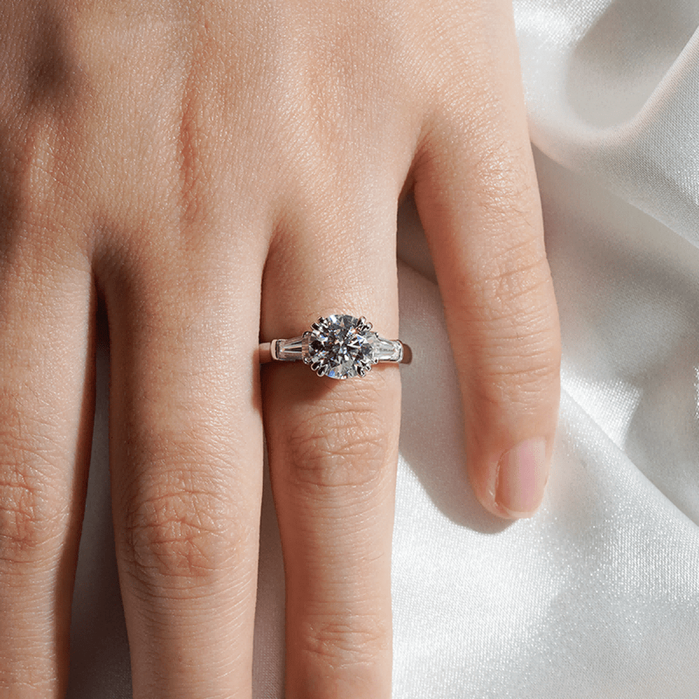 Double Prong Lab Grown Diamond Engagement Ring with Tapered Baguette Stones