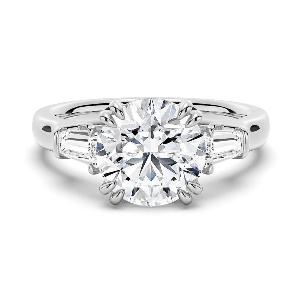 Double Prong Round Cut Engagement Ring with Tapered Baguette Stones