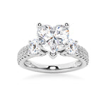 Double Row Pave Three Stone Heart Moissanite Engagement Ring