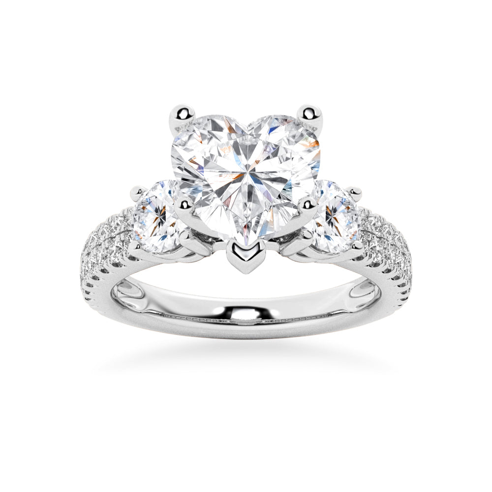 Double Row Pave Three Stone Heart Moissanite Engagement Ring