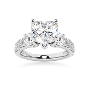 Double Row Pave Three Stone Heart Moissanite Engagement Ring