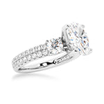 Double Row Pave Three Stone Oval Cut Moissanite Engagement Ring