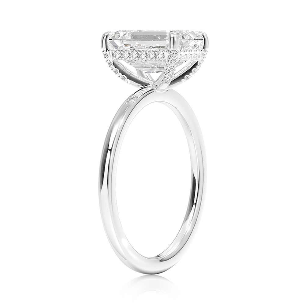 Emerald Cut Four Prong Lab Grown Diamond Engagement Ring With Hidden Halo