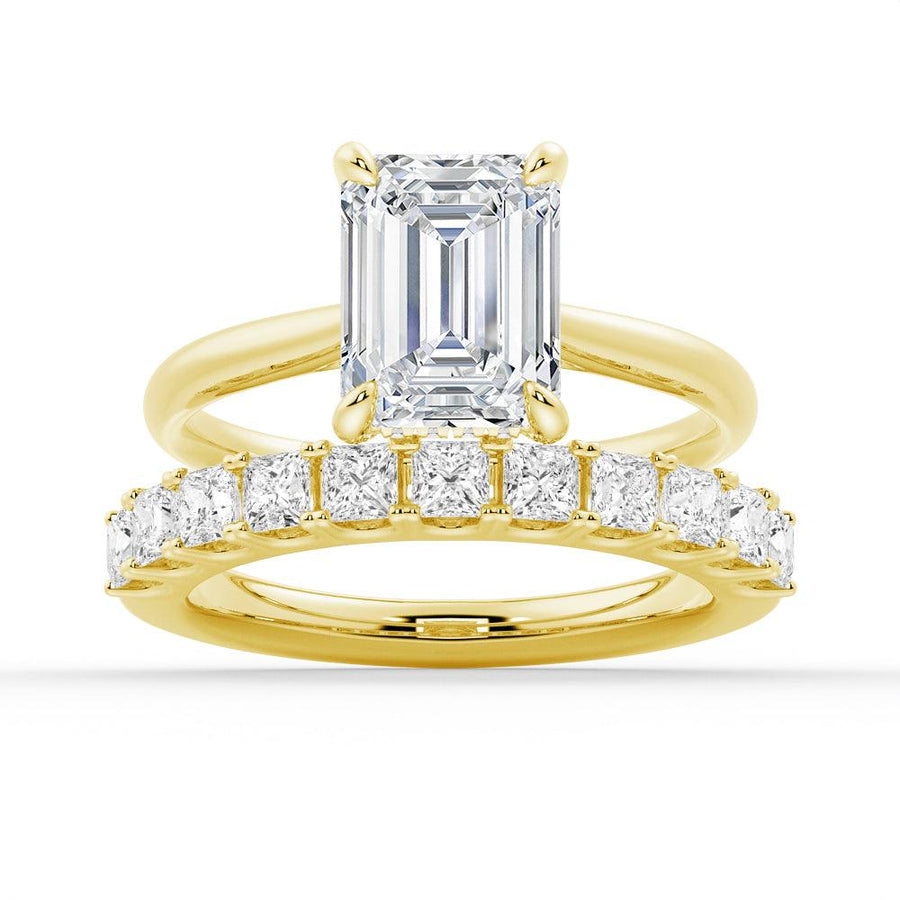 Emerald Cut Hidden Halo Moissanite Bridal Set