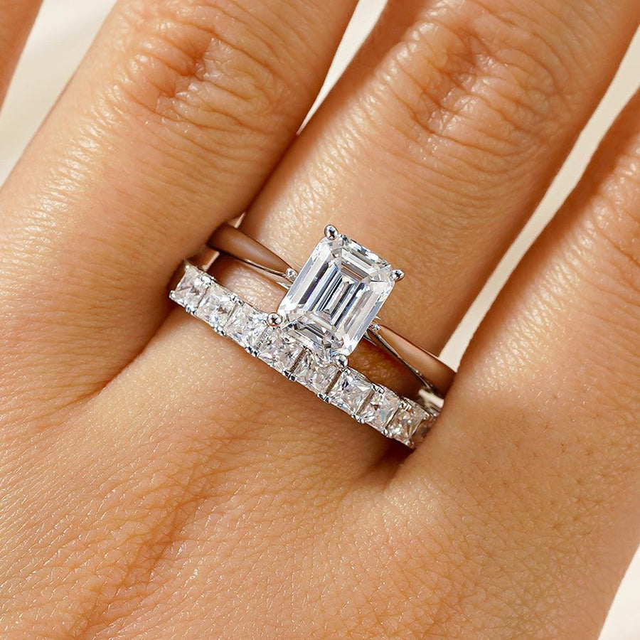 Emerald Cut Hidden Halo Moissanite Bridal Set