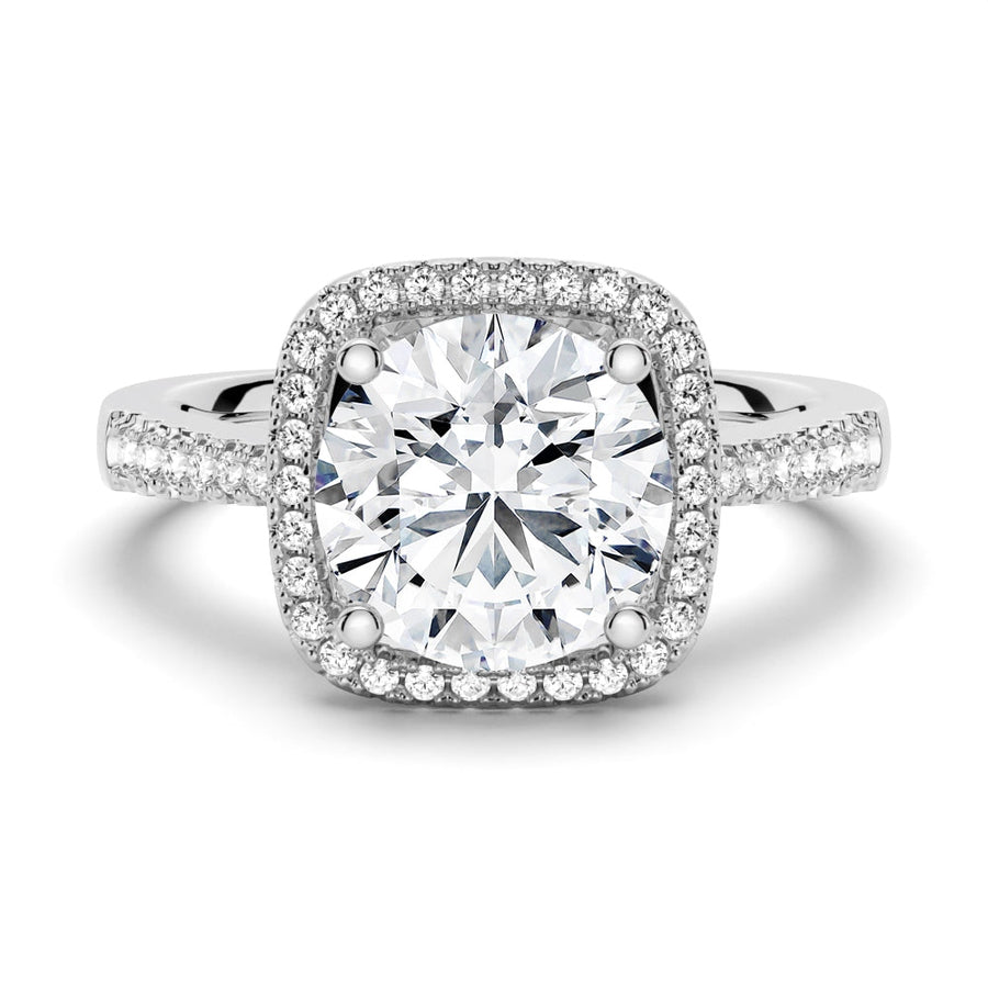 Four Prongs Round Cut Pavé Halo Moissanite Engagement Ring