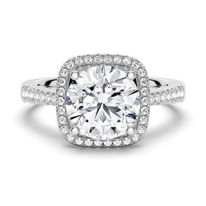 Four Prongs Round Cut Pavé Halo Moissanite Engagement Ring