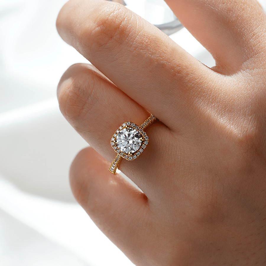 Four Prongs Round Cut Pavé Halo Moissanite Engagement Ring