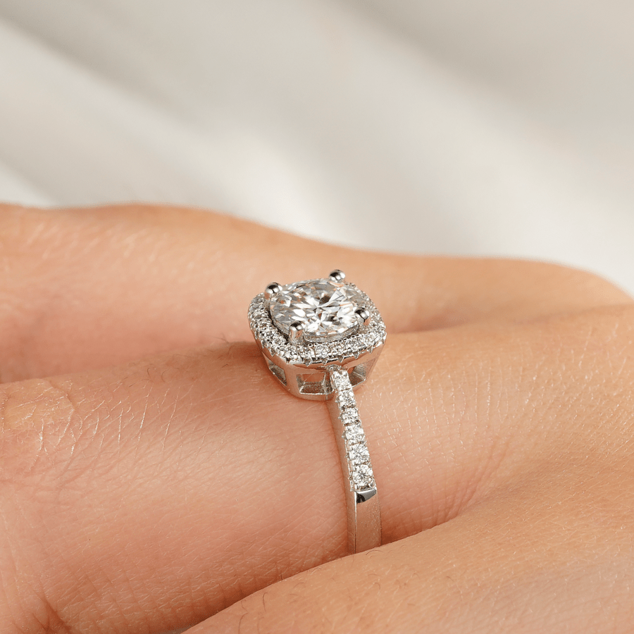 Four Prongs Round Cut Pavé Halo Moissanite Engagement Ring