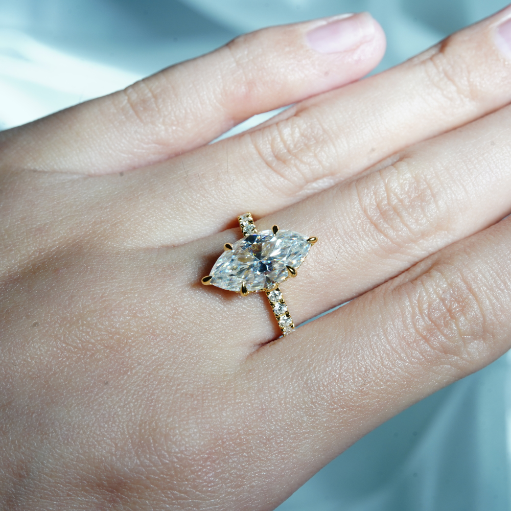 French Pavé Marquise Moissanite Engagement Ring With Hidden Halo