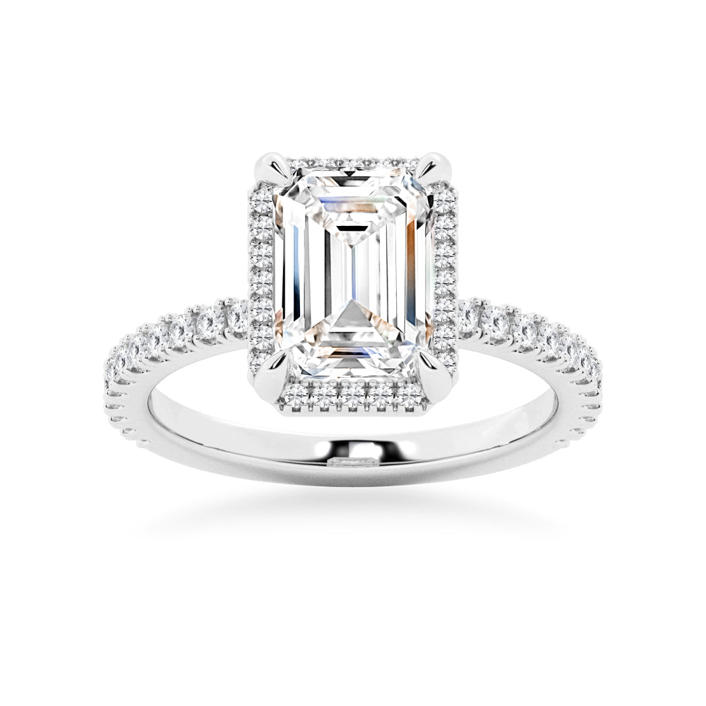 Half Eternity Emerald Cut Moissanite Halo Engagement Ring