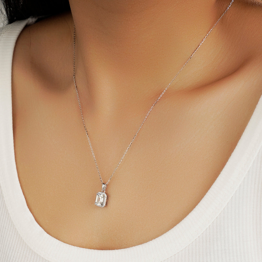 Halo Emerald cut Moissanite Necklace