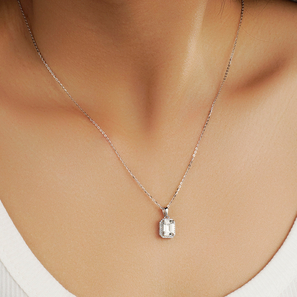 Halo Emerald cut Moissanite Necklace