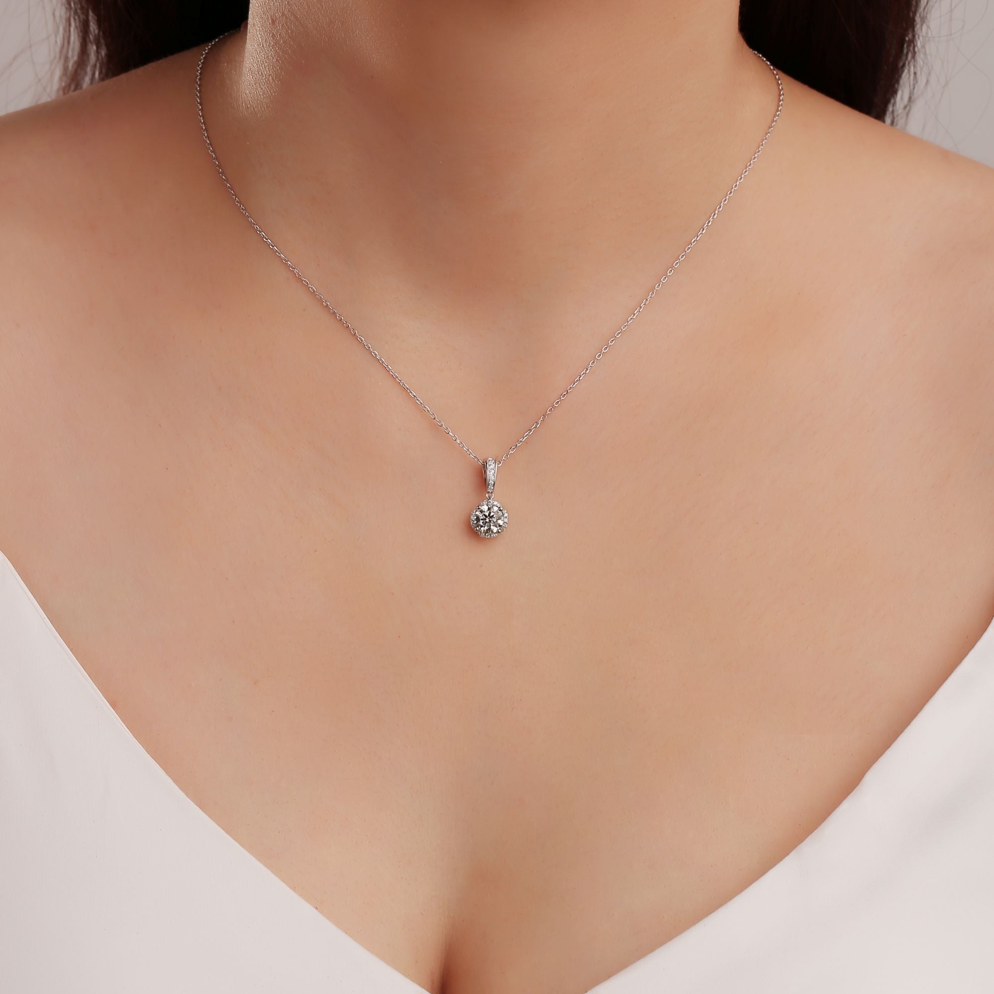 Petal Pave Set Round Moissanite Necklace