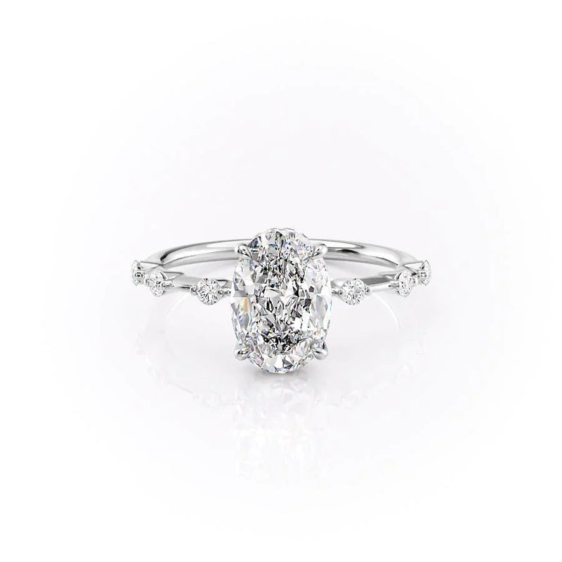 Petite Oval Cut Moissanite Engagement Ring with Hidden Halo