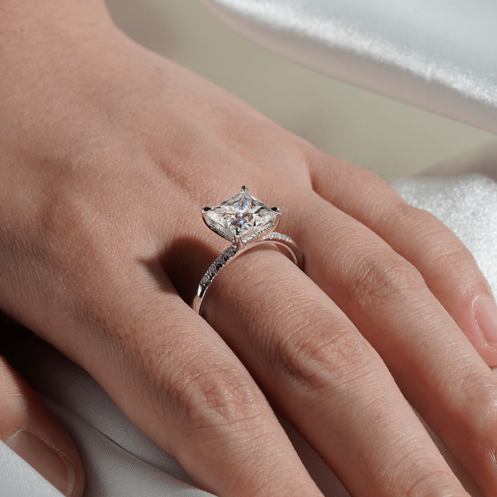 Princess Cut Moissanite Engagement Ring With Hidden Halo