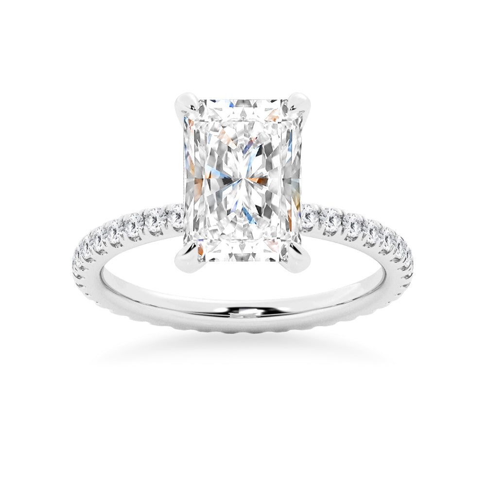 Radiant Cut Moissanite Engagement Ring With Eternity Pave Band