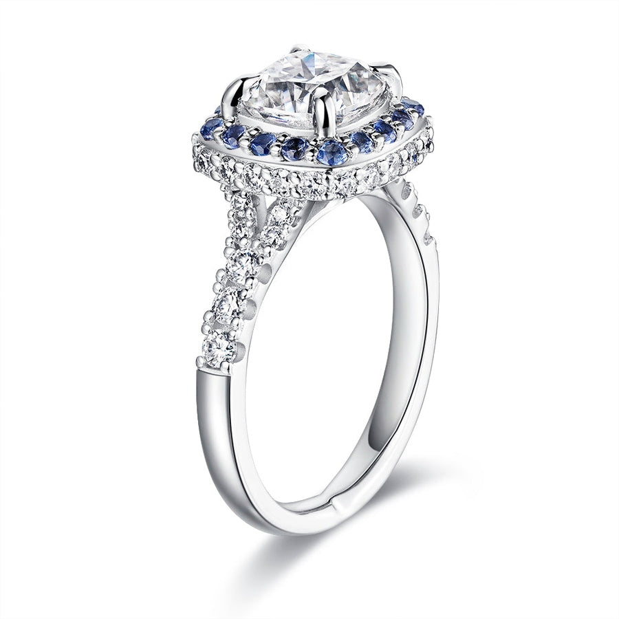 Sapphire Halo Cushion Cut Moissanite Engagement Ring - 2 CT.