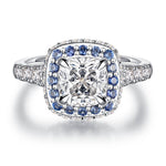 Sapphire Halo Cushion Cut Moissanite Engagement Ring - 2 CT.