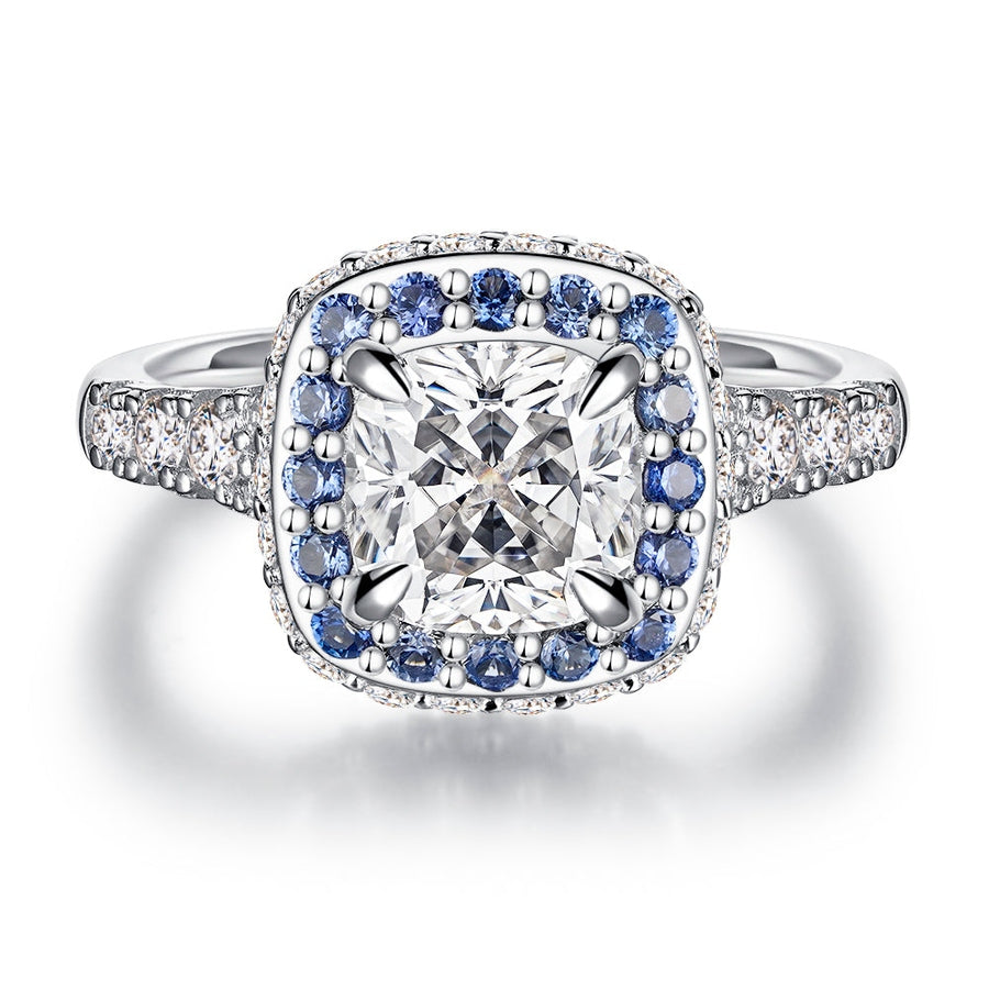 Sapphire Halo Cushion Cut Moissanite Engagement Ring - 2 CT.