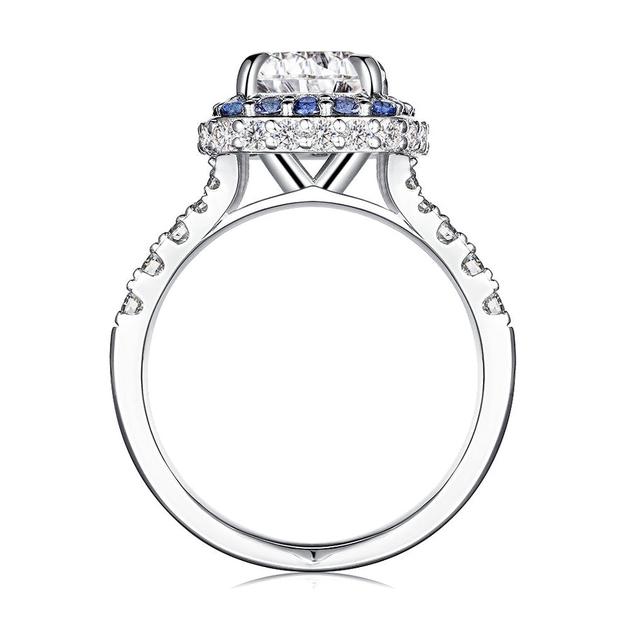 Sapphire Halo Cushion Cut Moissanite Engagement Ring - 2 CT.