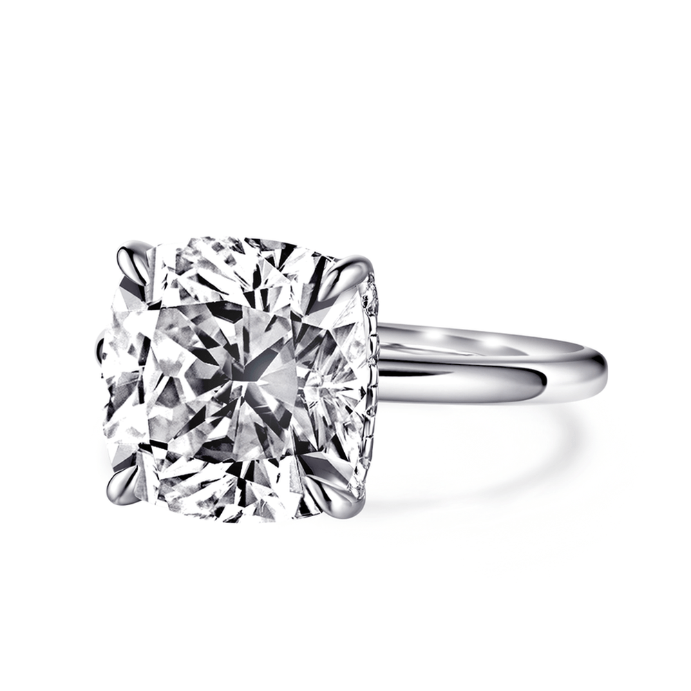 Solitaire Cushion Cut Engagement Ring With Hidden Halo