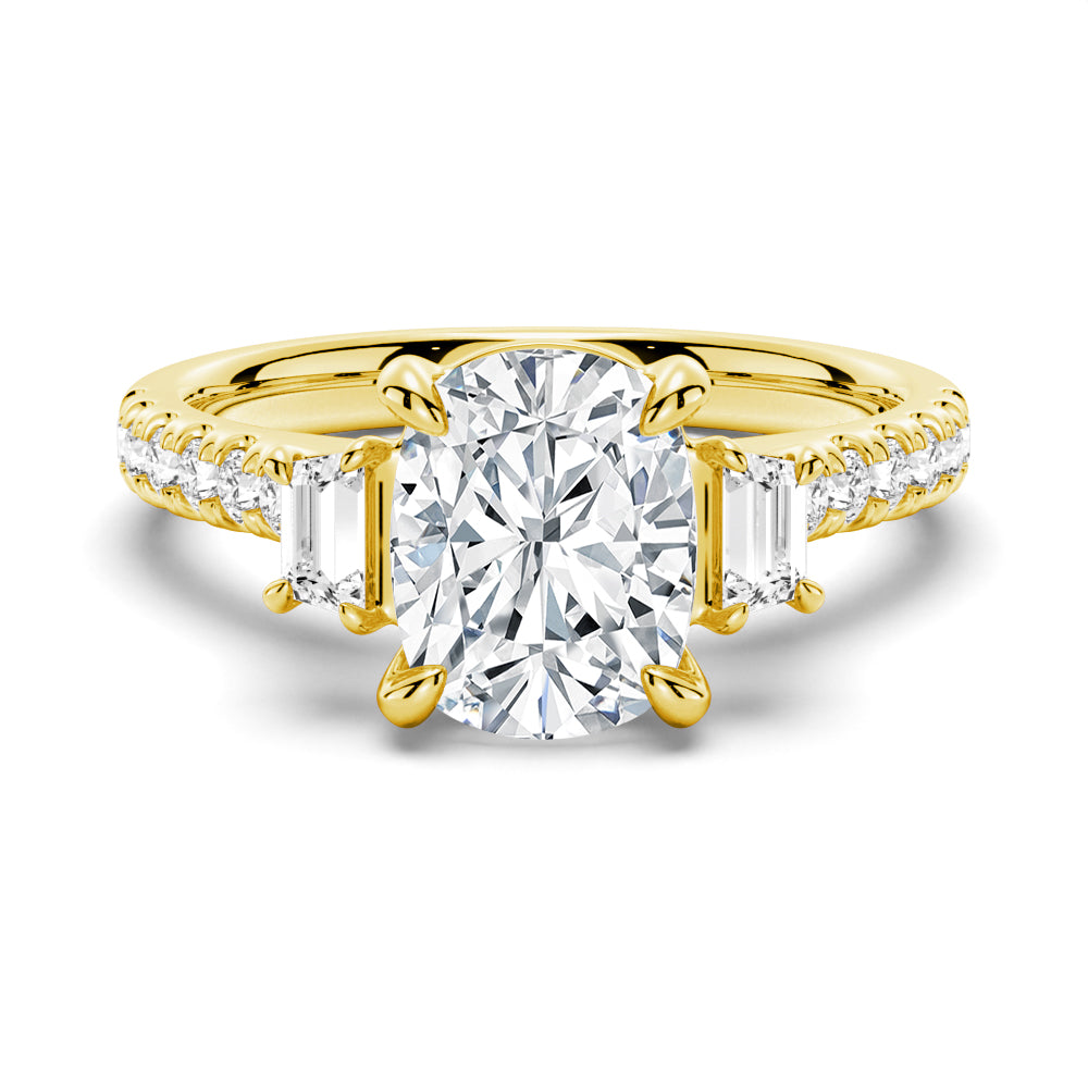 Three Stone Cushion Moissanite Engagement Ring with Pavé Band