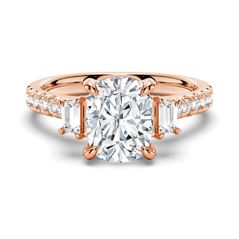 Three Stone Cushion Moissanite Engagement Ring with Pavé Band