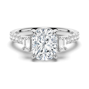 Three Stone Cushion Moissanite Engagement Ring with Pavé Band